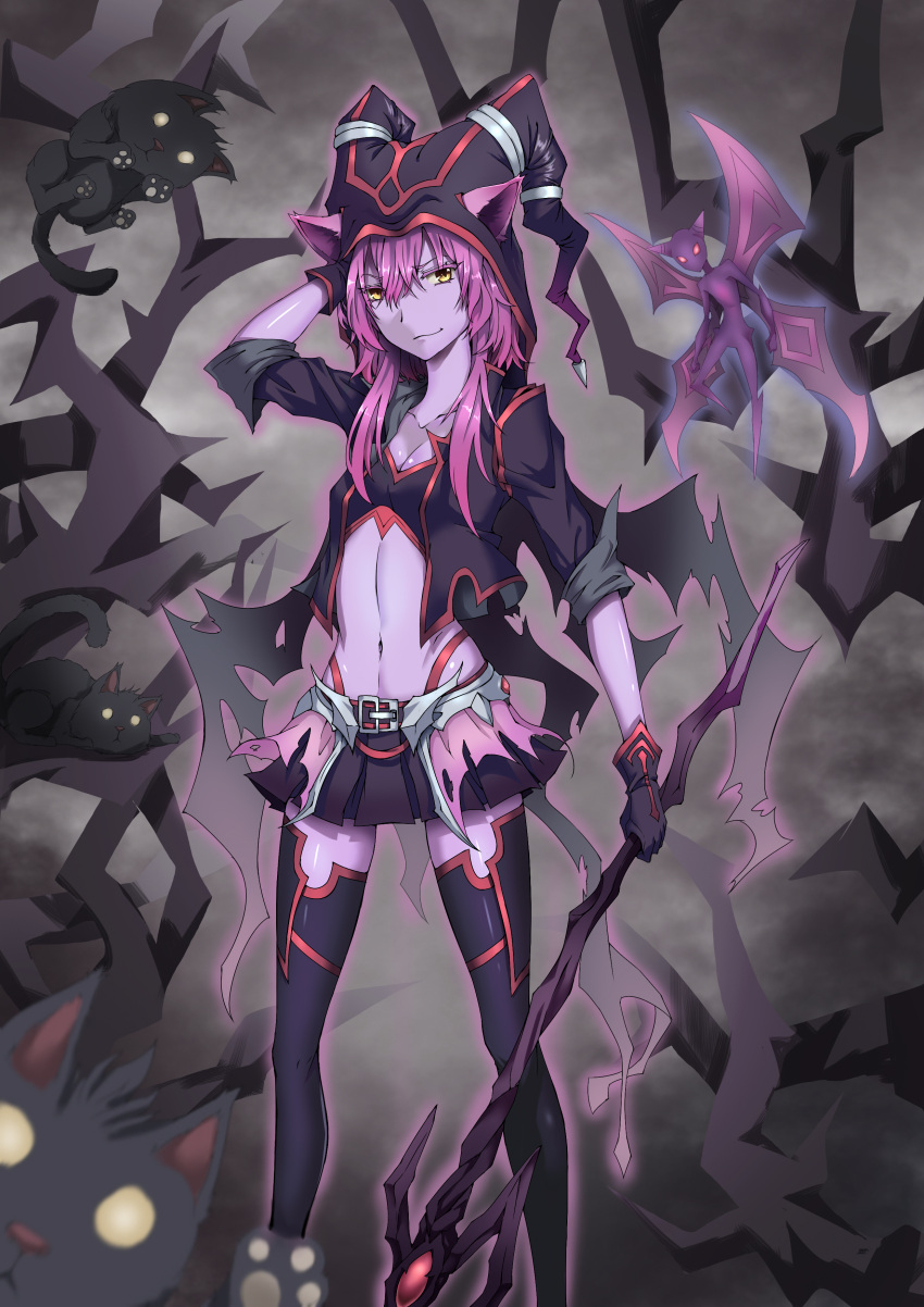 1girl animal arm_up black_gloves black_legwear black_pantyhose black_skirt cat closed_mouth collarbone female gloves gradient gradient_background holding holding_weapon league_of_legends long_sleeves looking_at_viewer lulu_(league_of_legends) midriff miniskirt navel pantyhose pink_hair sakimei skirt sleeves_rolled_up smile solo staff weapon wings yellow_eyes zettai_ryouiki