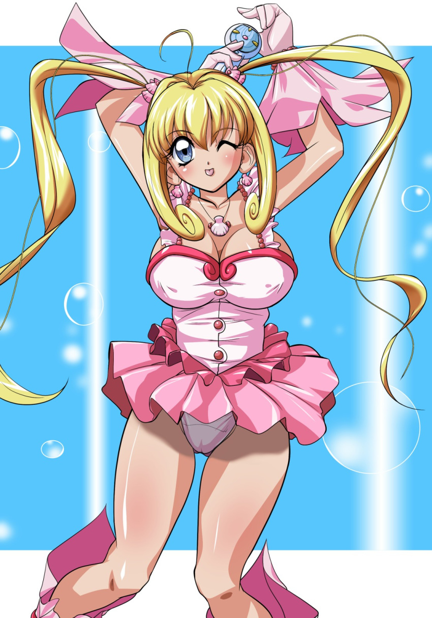 00s 1girl ;p bare_legs blonde_hair breasts cleavage female highres hikawadou large_breasts long_hair mermaid_melody_pichi_pichi_pitch nanami_lucia one_eye_closed panties simple_background smile solo tongue tongue_out twintails underwear wink