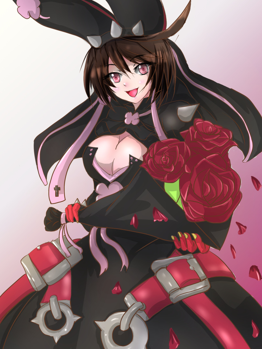1girl ahoge alternate_color arc_system_works artist_request black_dress blush bouquet breasts bridal_veil brown_hair clover dress elphelt_valentine female flower four-leaf_clover gloves gradient gradient_background guilty_gear guilty_gear_xrd large_breasts looking_at_viewer open_mouth petals pink_eyes red_rose ribbon rose rose_petals smile solo spikes veil wedding_dress