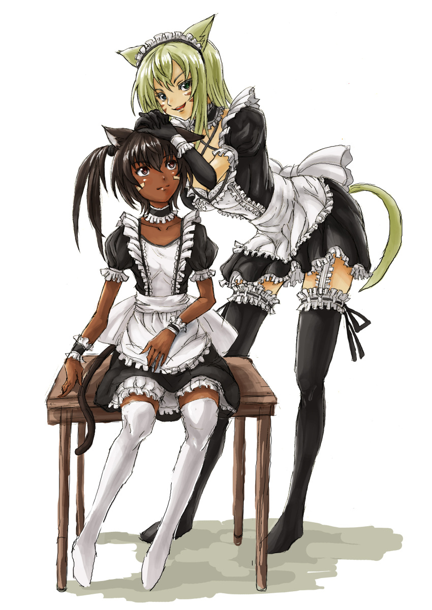 2girls animal_ears black_gloves black_legwear black_thighhighs blonde_hair breasts brown_eyes brown_hair cat_ears cat_tail chair cleavage cocoroten collar collarbone dark_skin facial_mark female frills gloves green_eyes looking_at_another looking_at_viewer maid maid_headdress multiple_girls open_mouth original short_sleeves simple_background sitting smile tail thigh-highs white_legwear zettai_ryouiki