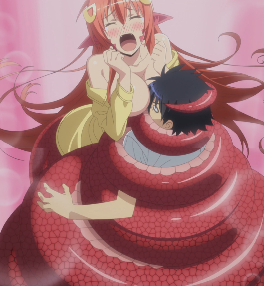 1boy 1girl blush breasts cleavage closed_eyes fang female gradient gradient_background highres lamia large_breasts long_hair miia_(monster_musume) monster_girl monster_musume_no_iru_nichijou open_mouth pointy_ears redhead screencap snake_tail stitched