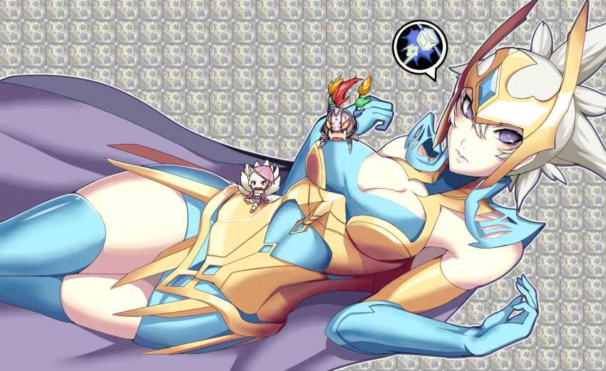 1boy 2girls archon_(crusaders_quest) armor breasts cape cleavage crusaders_quest elbow_gloves gem gloves hair_between_eyes highres kumiko_(aleron) monster_girl multiple_girls mundeok_(crusaders_quest) size_difference thigh-highs violet_eyes white_hair yeowoodong_(crusaders_quest)