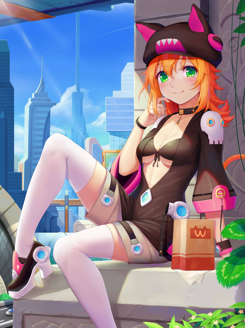 1girl absurdres animal_ears animal_hat bikini_top blue_sky blush bracelet brand_name_imitation breasts building cat_ears cat_hat cat_tail city cleavage collar collarbone day green_eyes hat high_heels highres jewelry leaf long_hair looking_at_viewer medium_breasts orange_hair original revision shorts sitting sky skyscraper smile solo sonikey0_0 tail thigh-highs