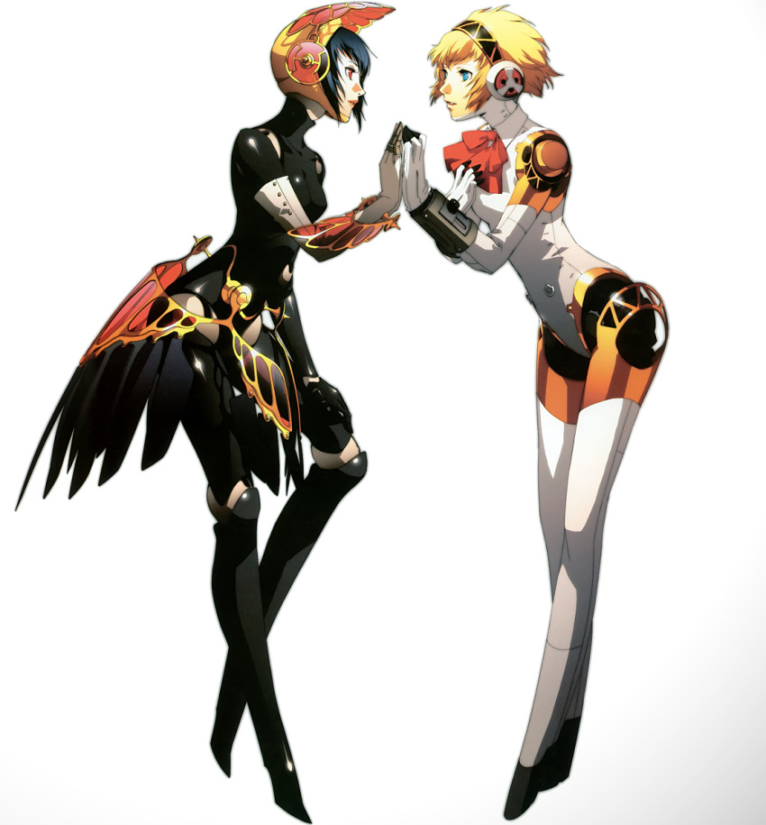 2girls aegis aegis_(persona) black_hair blonde_hair blue_eyes eye_contact female gradient gradient_background looking_at_another metis multiple_girls official_art persona persona_3 red_eyes robot robot_girl short_hair soejima_shigenori