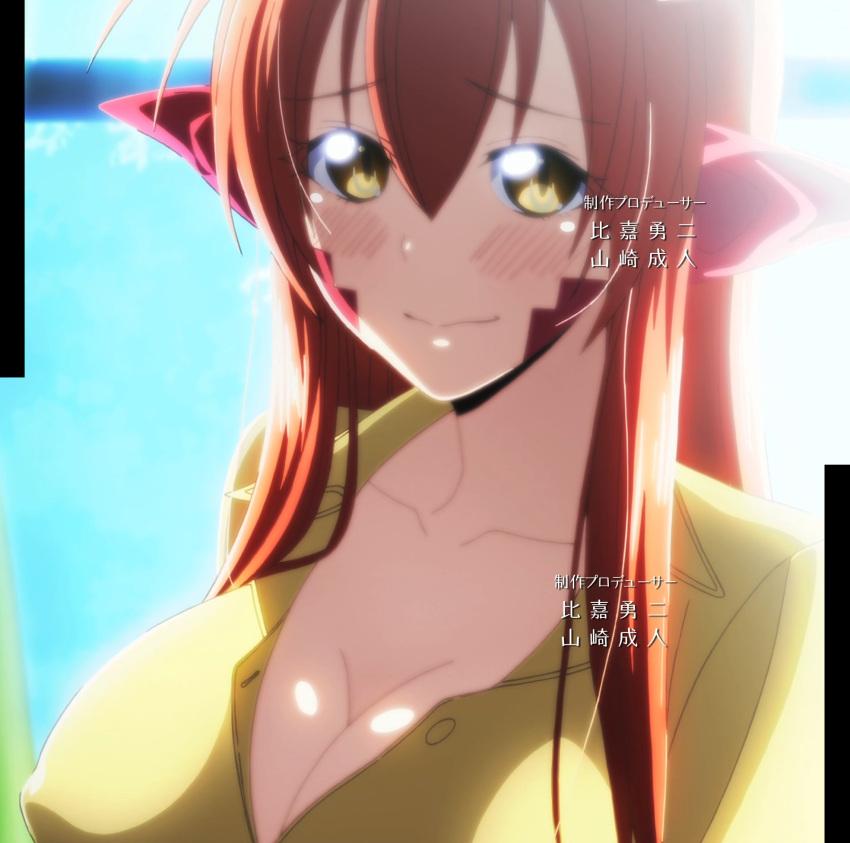 1girl blush breasts cleavage fang female gradient gradient_background highres lamia large_breasts long_hair miia_(monster_musume) monster_girl monster_musume_no_iru_nichijou pointy_ears redhead screencap snake_tail solo stitched yellow_eyes