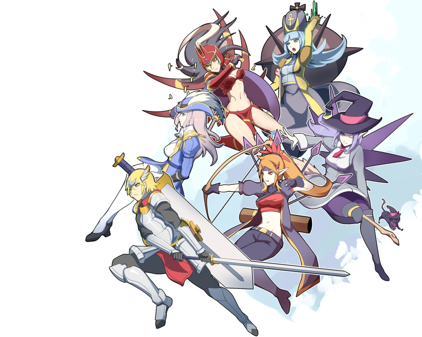 1boy 5girls armor arrow blonde_hair blue_hair cat crusaders_quest d'artagnan_(crusaders_quest) dorothy_(crusaders_quest) gradient gradient_background hat huge_sword knight kriemhild_(crusaders_quest) kumiko_(aleron) leon_(crusaders_quest) long_hair maria_(crusaders_quest) multiple_girls pointy_ears sigruna_(crusaders_quest) sword weapon witch witch_hat