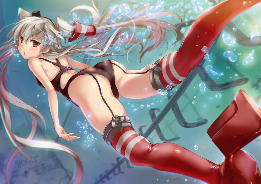 1girl absurdres amatsukaze_(kantai_collection) armadillo-tokage ass brown_eyes bubble garter_straps gradient gradient_background hair_tubes headgear highres kantai_collection kneehighs long_hair looking_at_viewer one-piece_swimsuit rudder_shoes silver_hair solo striped striped_legwear swimsuit thigh-highs twintails two_side_up underwater windsock