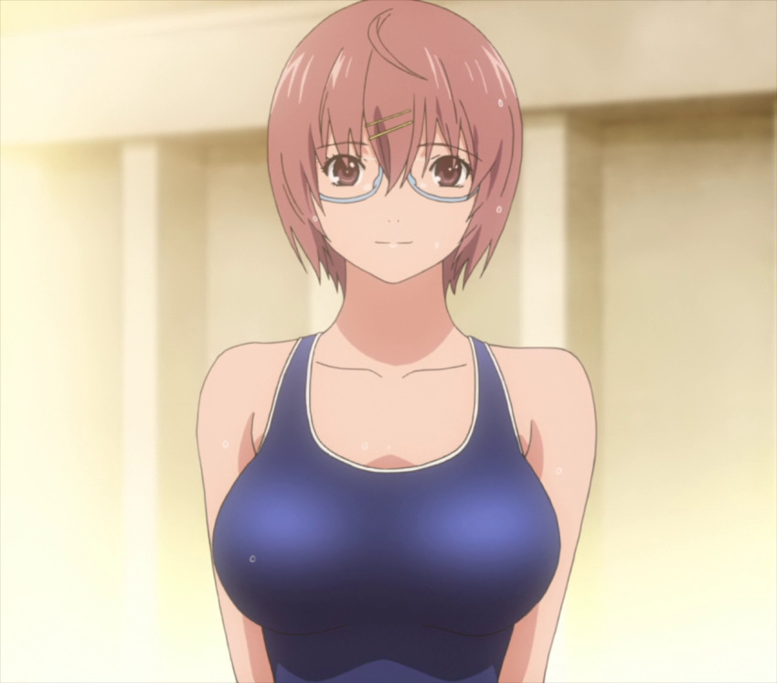 1girl bare_shoulders breasts brown_eyes brown_hair female glasses gradient gradient_background hair_ornament hatsukoi_limited large_breasts looking_at_viewer screencap short_hair smile solo stitched swimsuit watase_meguru