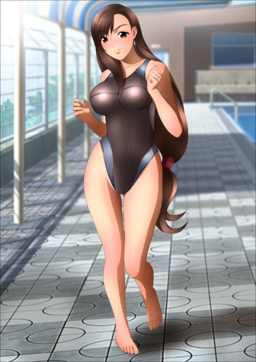 1girl absurdres barefoot blush breasts brown_hair collarbone competition_swimsuit earrings feet female final_fantasy final_fantasy_vii full_body highres jewelry large_breasts legs long_hair looking_at_viewer one-piece_swimsuit pool red_eyes solo sunlight sweat swimsuit thighs tifa_lockhart toes water yadokari_genpachirou