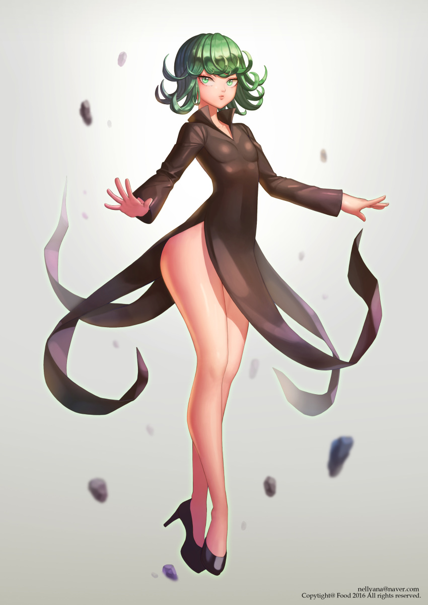 1girl absurdres black_dress black_footwear breasts collared_dress curly_hair dress flipped_hair floating floating_rock full_body green_eyes green_hair high_heels highres legs levitation lips long_dress no_socks one-punch_man popped_collar pudin side_slit small_breasts solo tatsumaki