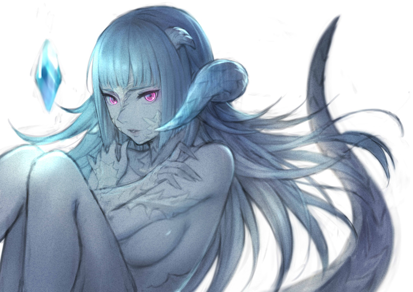 1girl absurdres aoi_momo au_ra bangs blue_hair blue_skin breasts crystal diamond dragon_girl dragon_horns dragon_tail facial_mark female fetal_position final_fantasy final_fantasy_xiv forehead_mark glowing glowing_eyes highres hime_cut horns large_breasts lavender_eyes lips long_hair looking_at_viewer monochrome nude parted_lips scales simple_background solo tail