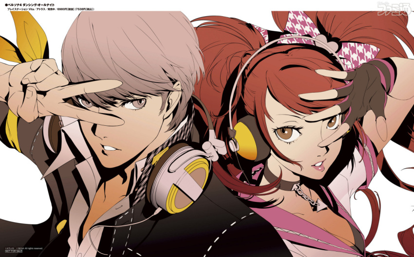 1boy 1girl bow breasts brown_eyes brown_hair choker cleavage fingerless_gloves gloves grey_eyes hair_bow headphones kujikawa_rise lipstick makeup narukami_yuu official_art open_collar parted_lips persona persona_4 persona_4:_dancing_all_night pink_lipstick silver_hair simple_background soejima_shigenori twintails v