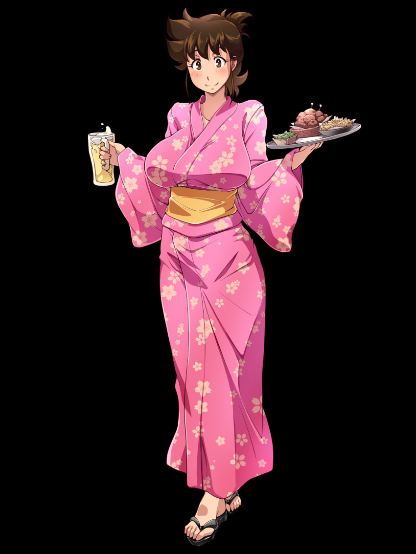 1girl ajiyoshi_noriko alcohol beer black_background blush breasts brown_eyes brown_hair cup feet food highres huge_breasts japanese_clothes kimono looking_at_viewer milf mister_ajikko nightmare_express onigiri_(ocelot) sandals short_hair simple_background smile solo standing toes tray