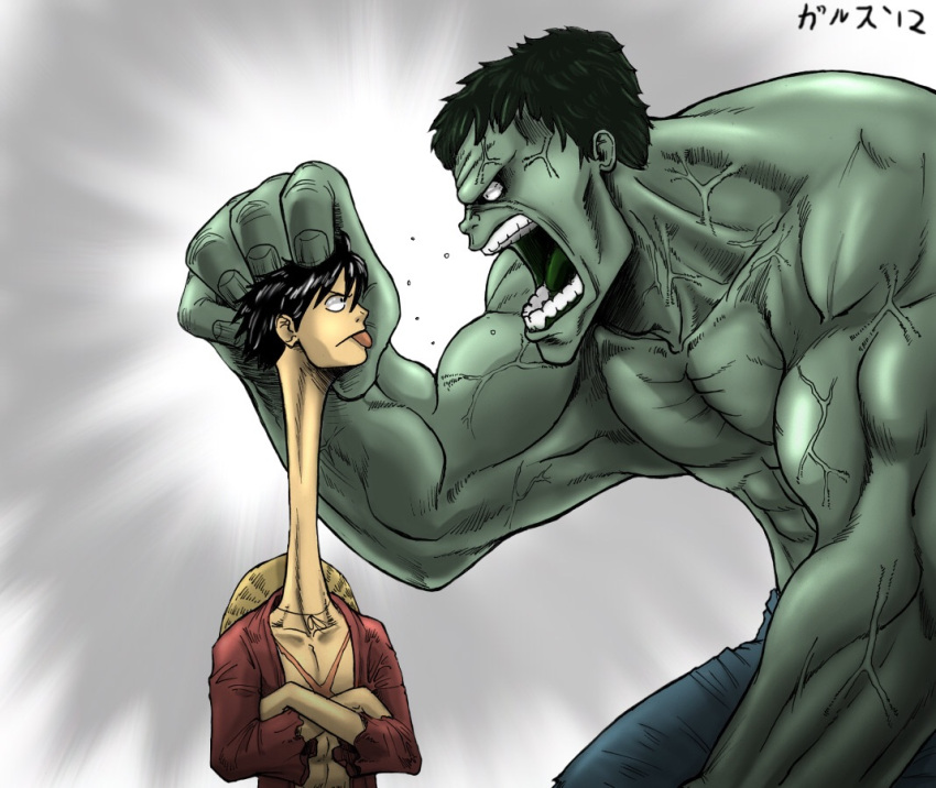 2boys crossover gradient gradient_background green_skin hulk marvel monkey_d_luffy multiple_boys one_piece open_mouth stretch