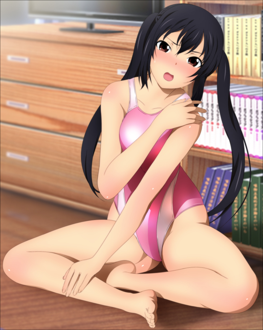 1girl absurdres barefoot black_hair blush book breasts brown_eyes collarbone embarrassed feet full_body highres k-on! kyoto_animation legs long_hair looking_at_viewer nakano_azusa open_mouth sitting small_breasts solo swimsuit television thick_thighs thighs toes twintails yadokari_genpachirou