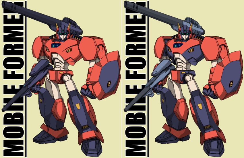 clenched_hand crossover green_eyes gun gundam highres holding holding_gun holding_weapon looking_at_viewer mecha multiple_views munya_(otikamohe) original science_fiction shoulder_cannon standing transformers variations weapon