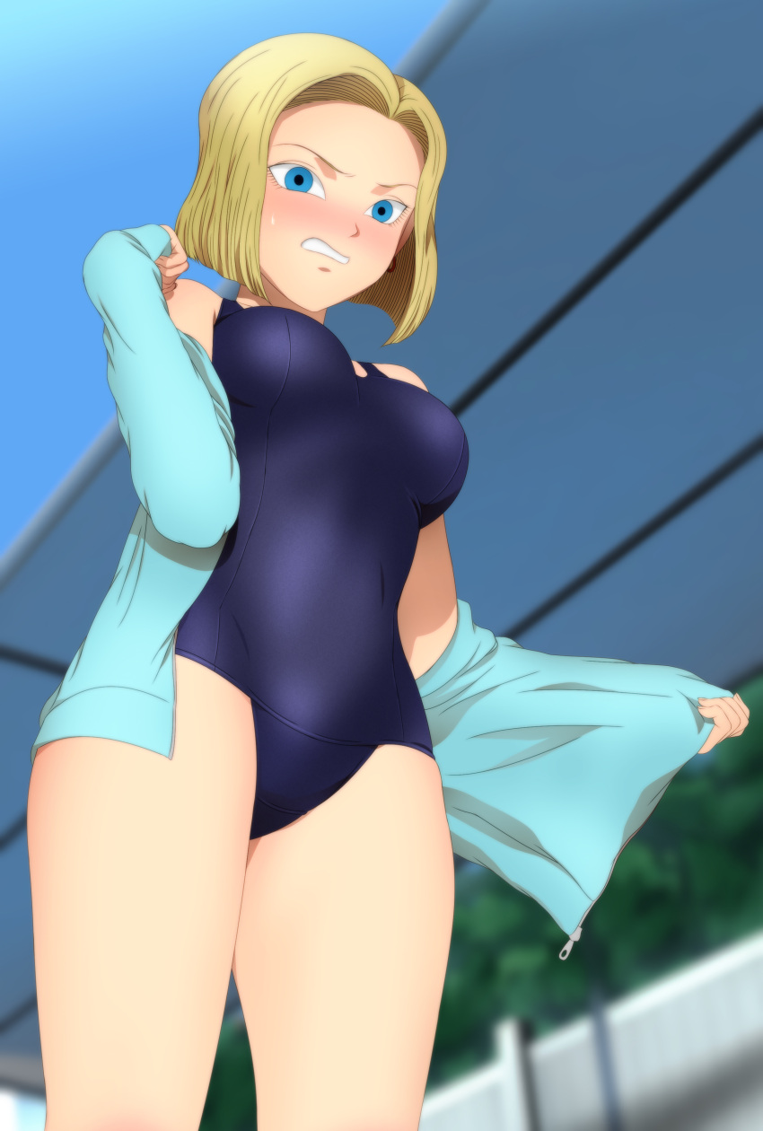 1girl absurdres android_18 angry blonde_hair blue_eyes blush breasts clenched_teeth dragon_ball dragonball_z earrings female highres jacket jewelry large_breasts legs looking_at_viewer short_hair sky solo standing swimsuit teeth thighs undressing yadokari_genpachirou