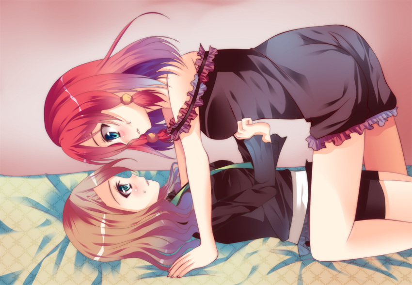 2girls alisha_diphda all_fours aqua_eyes arm bare_legs bare_shoulders bed belt blue_eyes blush breasts brown_hair eye_contact face-to-face female frills girl_on_top gradient gradient_background hair_ornament highres legs long_hair long_sleeves looking_at_another lying multiple_girls nightgown off_shoulder on_back open_mouth redhead rose_(tales) shiny shiny_hair short_hair shorts strap_slip sweat tales_of_(series) tales_of_zestiria yuri