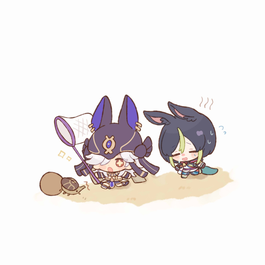 +_+ 2boys animal_ear_fluff animal_ears animal_hat bangs beetle black_headwear black_ribbon black_shorts blush blush_stickers bug butterfly_net chibi closed_eyes commentary_request cyno_(genshin_impact) dark-skinned_male dark_skin fake_animal_ears flying_sweatdrops fox_boy fox_ears fox_tail full_body genshin_impact gold_trim hair_over_one_eye hand_net hat highres holding holding_butterfly_net hot jackal_ears long_hair long_sleeves male_focus multicolored_clothes multiple_boys one_eye_covered open_mouth pants parted_bangs raised_eyebrows red_eyes ribbon sand short_hair shorts sidelocks simple_background sparkle standing sweat swept_bangs tail tighnari_(genshin_impact) white_background white_hair yuita-kun
