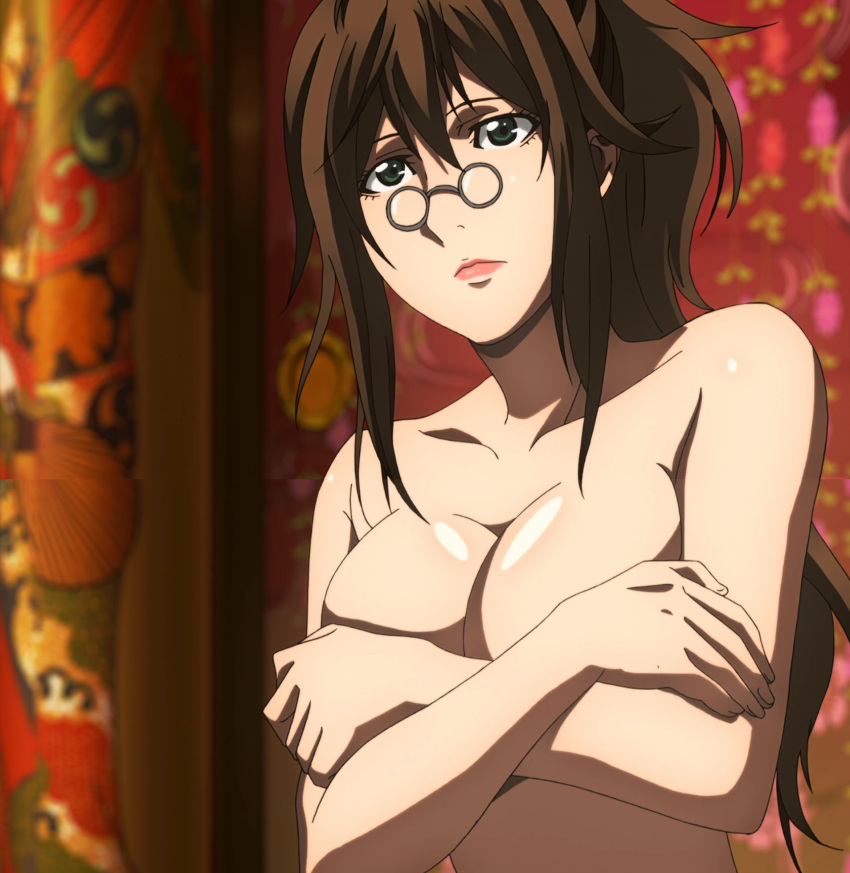 1girl breasts brown_hair cleavage covering covering_breasts female fuuun_ishin_dai_shogun glasses green_eyes hattori_kiriko highres large_breasts lips lipstick long_hair makeup pink_lipstick screencap solo standing stitched topless very_long_hair
