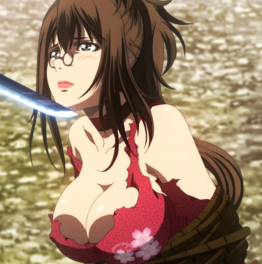 1girl blush breasts brown_hair cleavage female fuuun_ishin_dai_shogun glasses green_eyes hattori_kiriko highres large_breasts lips lipstick long_hair makeup pink_lipstick restrained rope screencap solo stitched sword topless torn_clothes very_long_hair weapon