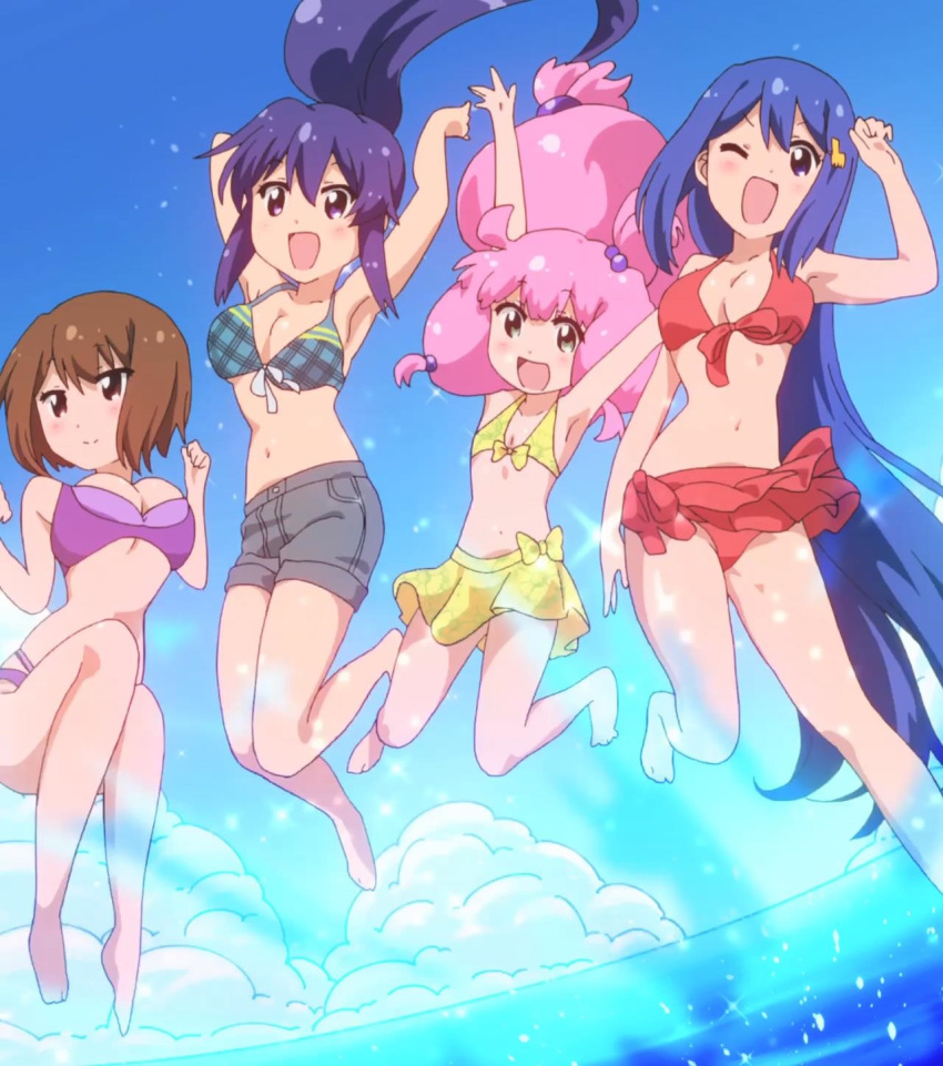 bandou_marimo bikini blue_eyes blue_hair brown_hair gradient gradient_background green_eyes jump ocean oshimoto_yuri purple_hair shinjou_kanae_(teekyuu) short_hair shorts stitched tagme takamiya_nasuno teekyuu violet_eyes