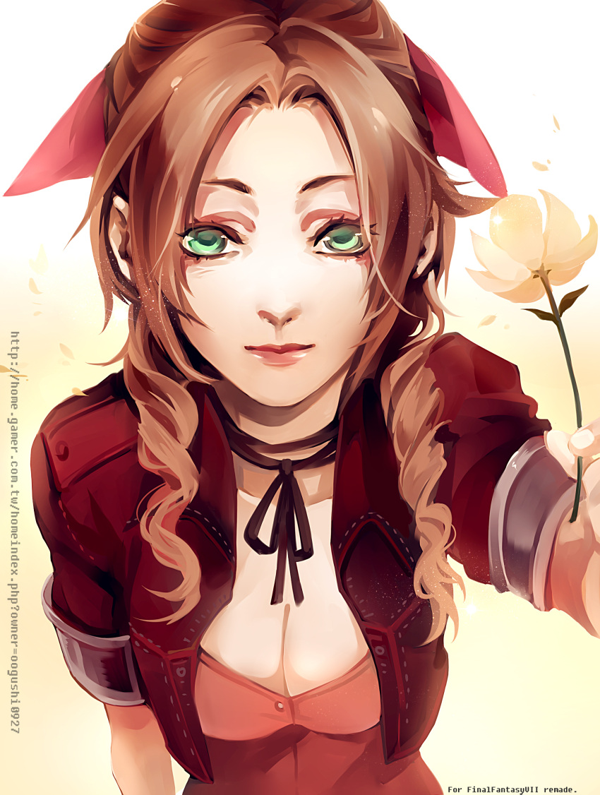 1girl aerith_gainsborough artist_request bow breasts brown_hair cleavage cropped_jacket curly_hair final_fantasy final_fantasy_vii flower gradient gradient_background green_eyes hair_bow looking_at_viewer ribbon solo upper_body web_address