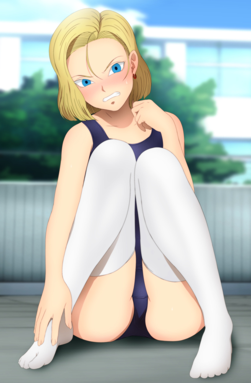 1girl absurdres android_18 angry ass blonde_hair blue_eyes blush clenched_teeth collarbone dragon_ball dragonball_z earrings embarrassed feet full_body hands_on_feet highres jewelry legs looking_at_viewer short_hair sitting solo swimsuit teeth thigh-highs thighs toes white_legwear yadokari_genpachirou