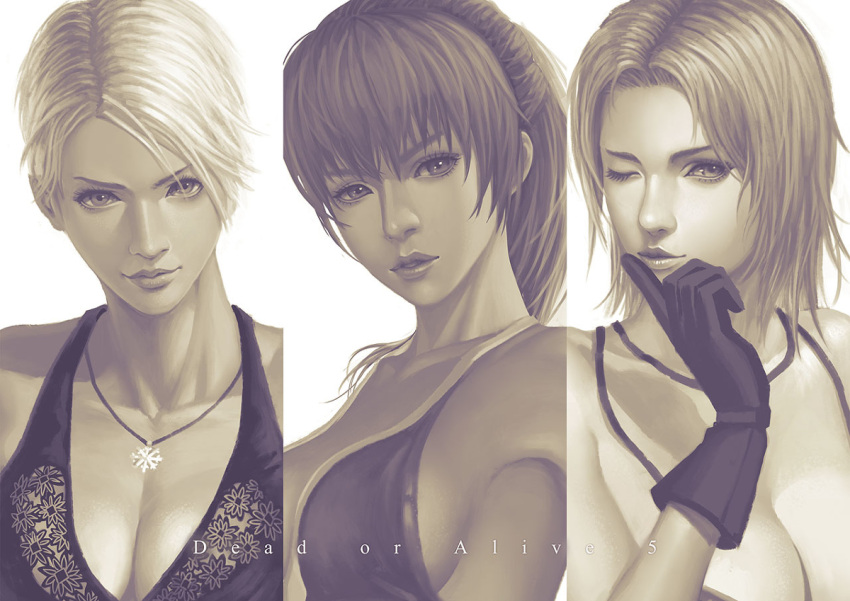 3girls breasts christie_(doa) cleavage dead_or_alive dead_or_alive_5 gloves jewelry kasumi_(doa) large_breasts leaf98k long_hair monochrome multiple_girls necklace short_hair tecmo tina_armstrong