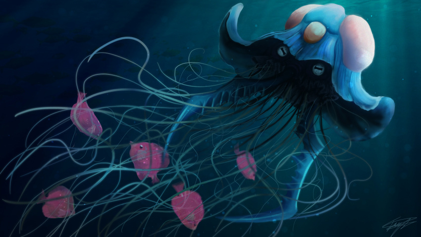 fish gradient gradient_background light luvdisc nintendo no_humans ocean pokemon realistic ruth_tay tentacle tentacruel underwater