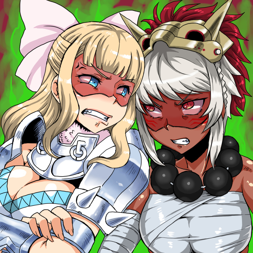 2girls anger_vein angry armor bandage bandaged_arm bangs bare_shoulders beads blonde_hair blue_eyes bow bracer braid breasts charlotte_(fire_emblem_if) cleavage clenched_teeth crop_top crossed_arms curly_hair dark_skin eyelashes facepaint fire_emblem fire_emblem_if gauntlets hair_bow kitsune-tsuki_(getter) large_breasts lips long_hair mask_on_head midriff multicolored_hair multiple_girls red_eyes redhead rinka_(fire_emblem_if) sarashi shaded_face short_hair simple_background slit_pupils swept_bangs tassel teeth two-tone_hair upper_body white_hair