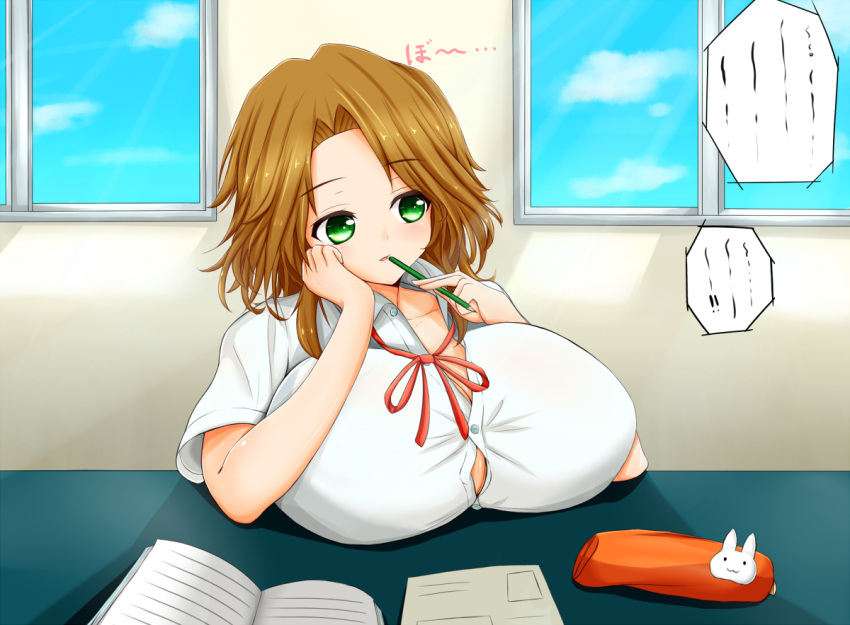 1girl breast_rest breasts brown_hair bursting_breasts green_eyes huge_breasts school_uniform sitting solo straining_buttons