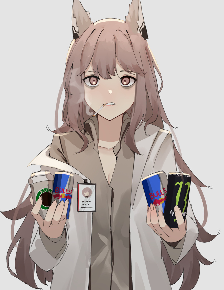 1girl absurdres animal_ears bags_under_eyes brand_name_imitation brown_eyes brown_hair brown_shirt cat_ears cigarette coffee_cup cup disposable_cup drink energy_drink gar32 girls_frontline highres holding holding_drink id_card jacket long_sleeves monster_energy persica_(girls'_frontline) product_placement red_bull shirt smoking solo starbucks white_background white_jacket
