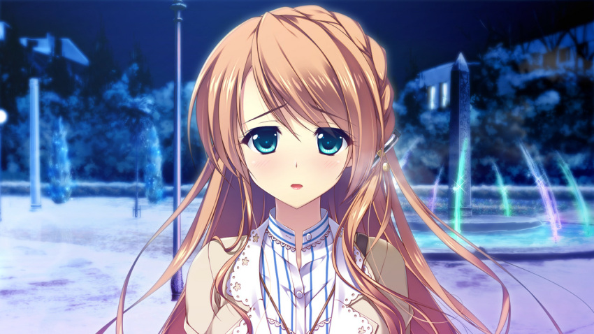 1girl ameto_yuki blush braid brown_hair fountain game_cg green_eyes highres looking_at_viewer makihara_shiho_(pure_x_connect) night pure_x_connect sad sky solo standing tree upper_body water