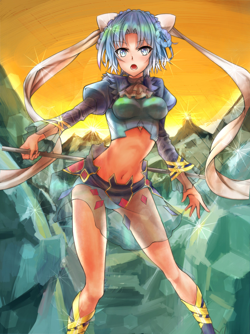 1girl blue_eyes blue_hair braid breasts cravat frills ice ludmila_lourie madan_no_ou_to_vanadis navel open_mouth panties ribbon see-through shoes short_hair skirt spear underwear weapon