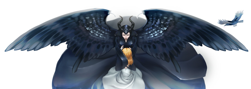 2girls absurdres artist_request aurora_(disney) bird black_dress blonde_hair closed_eyes crow disney dress feathered_wings highres horns hug maleficent monster_girl multiple_girls pale_skin simple_background sleeping_beauty wings wingspan