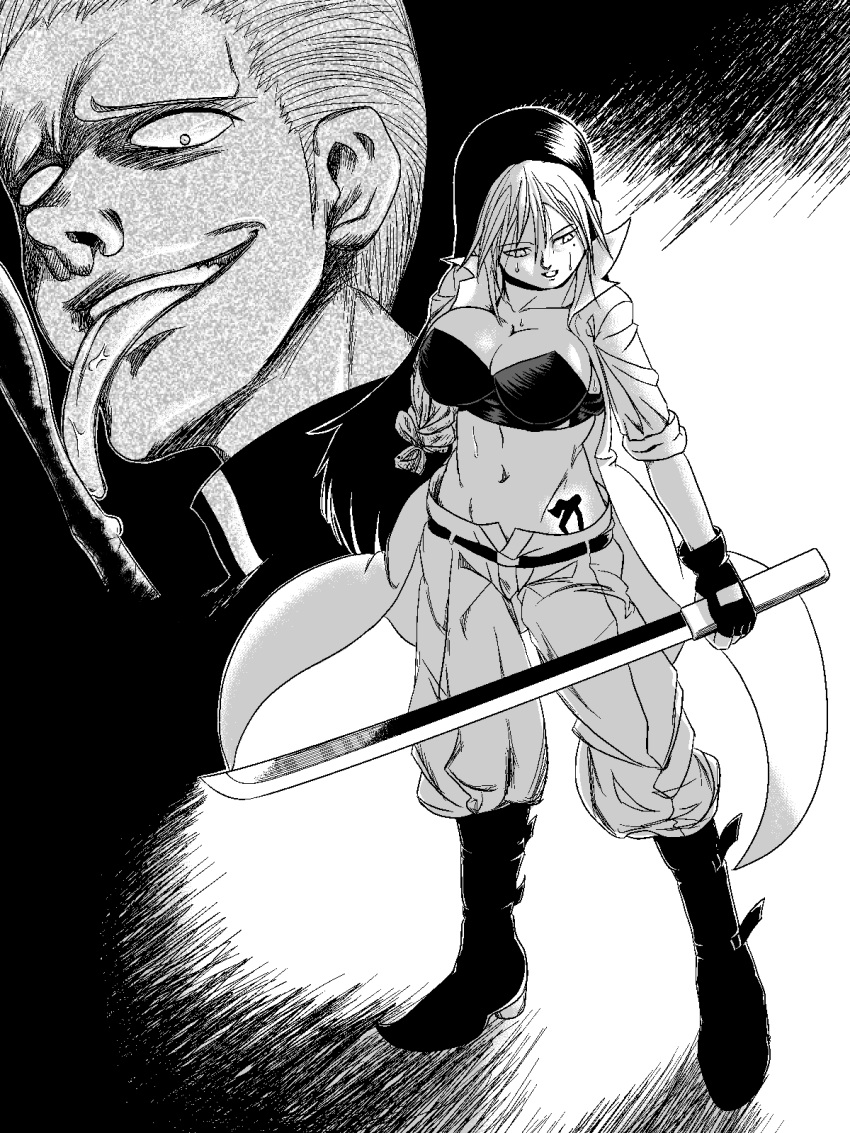 1boy 1girl amputee baggy_pants banchou bousouzoku breasts cleavage large_breasts licking long_hair midriff monochrome navel no_bra open_mouth pants short_hair sukeban sword tokkoufuku tongue tongue_out two-tone_hair weapon