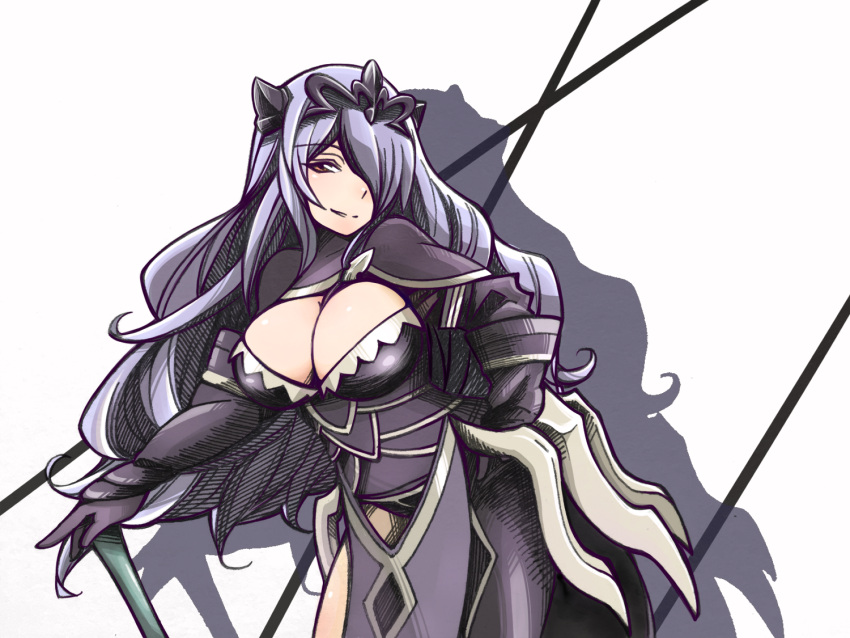 1girl armor between_breasts breasts brown_eyes camilla_(fire_emblem_if) cleavage curly_hair elbow_gloves female fire_emblem fire_emblem_if gauntlets gloves hair_ornament hair_over_one_eye large_breasts long_hair looking_at_viewer panties purple_hair simple_background smile solo strap underwear weapon