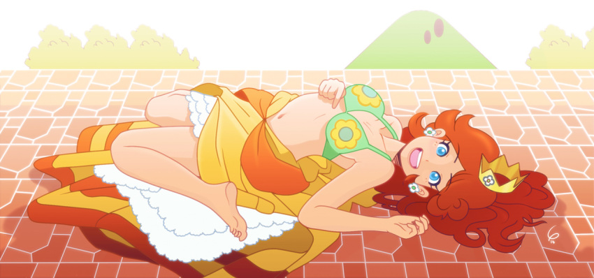 1girl barefoot blue_eyes blush bra breasts brown_hair crown dress feet jewelry looking_at_viewer louis_lloyd-judson lying navel nintendo princess_daisy simple_background smile super_mario_bros. super_mario_land toes underwear