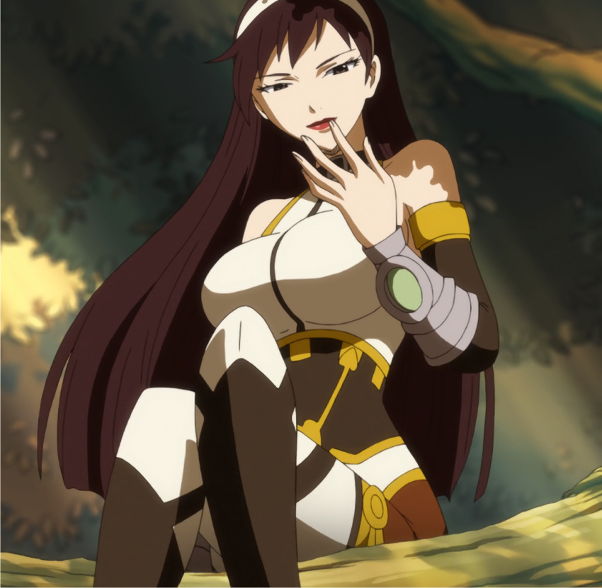 1girl black_hair breasts brown_eyes fairy_tail female hairband highres large_breasts lips lipstick long_hair makeup red_lipstick screencap stitched ultear_milkovich