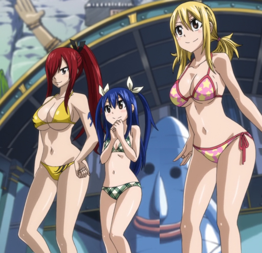00s 3girls bikini blonde_hair blue_hair breasts brown_eyes child cleavage creator_connection erza_scarlet fairy_tail female griff highres large_breasts long_hair lucy_heartfilia multiple_girls outdoors ponytail rave redhead screencap stitched swimsuit tattoo under_boob wendy_marvell