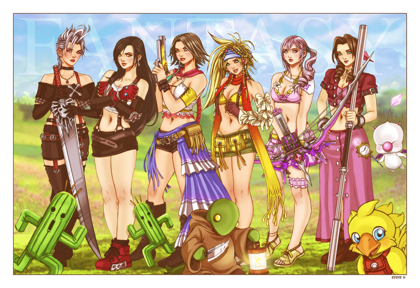 00s 6+girls aerith_gainsborough alternate_costume armband bandanna bare_shoulders belt bikini bikini_top black_boots black_hair black_skirt blue_sky blush boots bow_(weapon) breasts brown_hair cactuar chocobo cleavage clouds cloudy_sky covering covering_breasts crop_top eddie_holly final_fantasy final_fantasy_vii final_fantasy_x final_fantasy_x-2 final_fantasy_xiii final_fantasy_xiii-2 full_body gloves gun hair_up holding holding_weapon jacket lantern lips lipstick long_hair long_skirt looking_at_viewer makeup midriff miniskirt moogle multiple_girls navel outdoors paine ponytail sabotender sandals scarf serah_farron shirt shoes short_hair short_shorts short_sleeves shorts showgirl_skirt side-by-side side_ponytail skirt sky sleeveless sleeveless_shirt sneakers staff standing suspenders swimsuit sword tank_top thigh-highs thigh_strap tifa_lockhart tonberry weapon white_hair white_shirt yuna