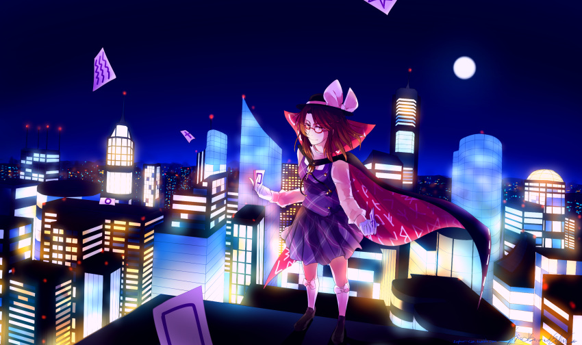 1girl bow bows brown_eyes brown_hair cape city euphori_cat glasses gloves hat night school_uniform skyscrapers smile solo spell_card team_shanghai_alice touhou ulil urban_legend_in_limbo usami_sumireko wallpaper