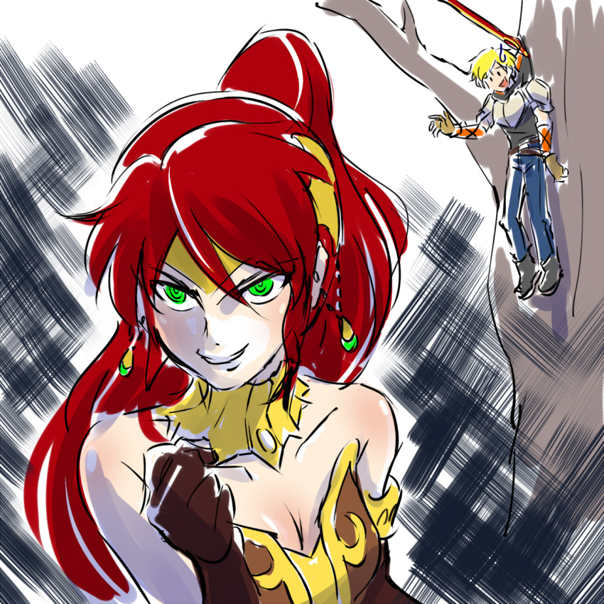 1boy 1girl armor bare_shoulders blonde_hair breasts choker cleavage clenched_hand corset death_note gloves green_eyes grin hair_between_eyes iesupa jaune_arc jewelry just_as_planned long_hair naughty_face pants parody ponytail pyrrha_nikos redhead rwby short_hair smile spear strapless tiara tree upper_body