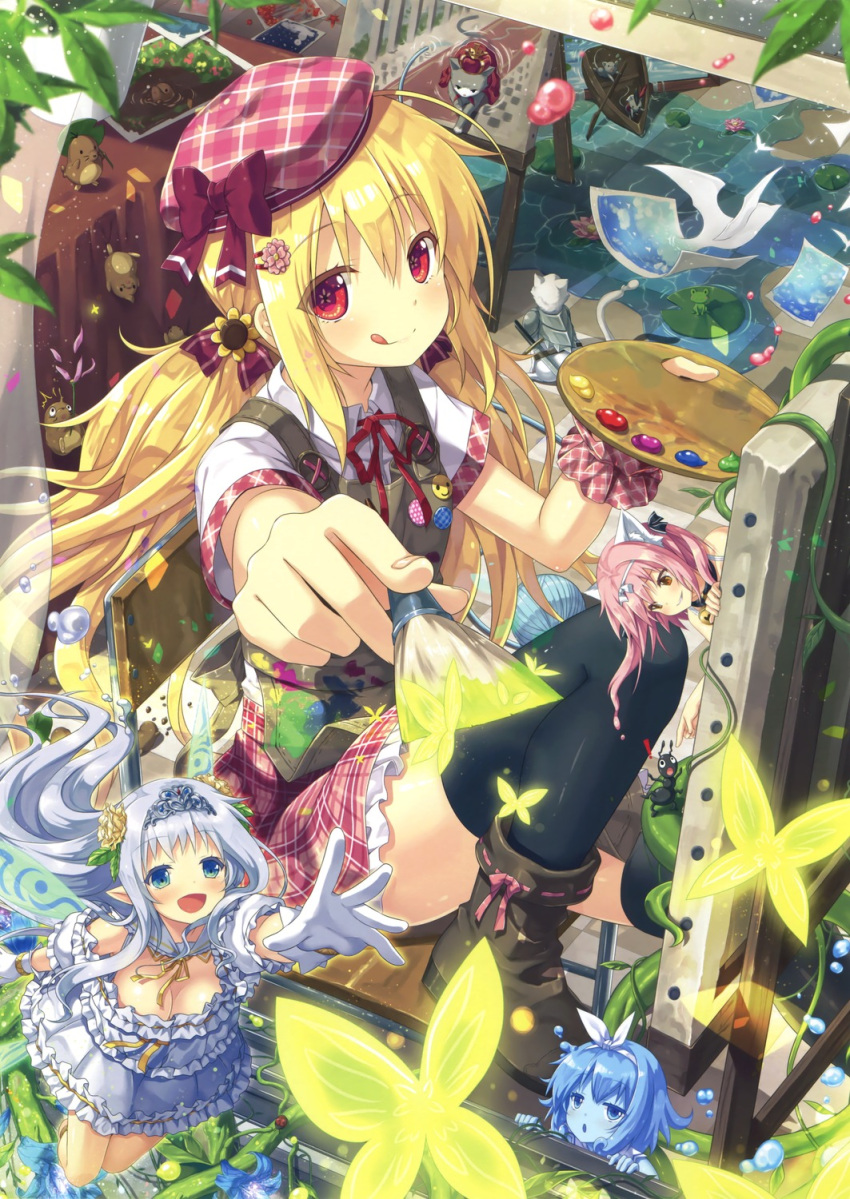 animal bells blonde_hair blue_eyes blue_hair blush boots butterfly cloak dress fairy flower gloves hairband hairpins happy hat long_hair mitsuki mitsuki_(eushully) pink_hair pointy_ears red_eyes ribbon royal short_hair skirt smile thigh-highs tongue twintails water wings