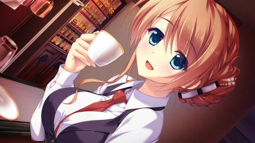1girl ameto_yuki bar blush breasts brown_hair cup female game_cg green_eyes hair_bun happy highres large_breasts looking_at_viewer makihara_shiho_(pure_x_connect) necktie open_mouth pure_x_connect sitting smile solo upper_body