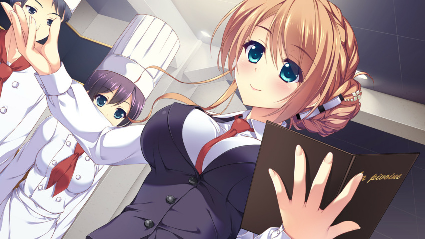 2girls ameto_yuki black_eyes black_hair blue_eyes blush breasts brown_hair chef chef_hat dutch_angle game_cg green_eyes hair_bun hat highres large_breasts looking_away makihara_shiho_(pure_x_connect) multiple_girls pure_x_connect smile standing