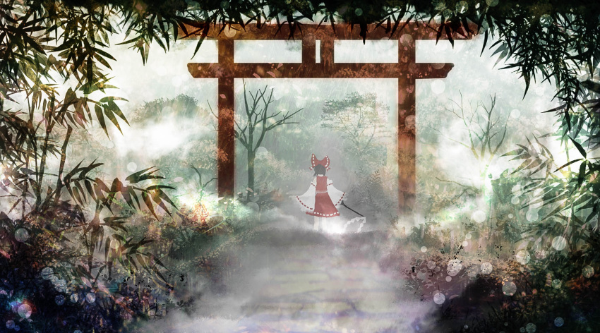 1girl akyuun arms_at_sides bamboo bamboo_forest bare_tree black_hair bow day detached_sleeves engrish_commentary facing_away fog forest from_behind gohei hair_bow hakurei_reimu highres landscape light_particles nature outdoors pantyhose path red_skirt red_vest ribbon-trimmed_sleeves ribbon_trim road shide short_hair skirt solo torii touhou tree vest white_legwear