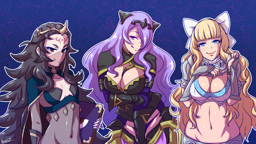 3girls akairiot armor black_hair blonde_hair blue_eyes book bow breasts brown_eyes camilla_(fire_emblem_if) charlotte_(fire_emblem_if) circlet cleavage curly_hair facial_mark fire_emblem fire_emblem_if forehead_mark hair_bow large_breasts lavender_eyes licking_lips long_hair looking_at_viewer messy_hair midriff multiple_girls navel nintendo nyx_(fire_emblem_if) purple_hair simple_background small_breasts smile tongue tongue_out very_long_hair violet_eyes