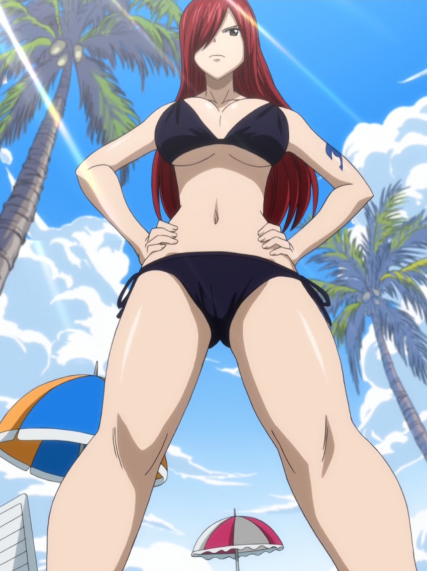 1girl bikini breasts brown_eyes cleavage clouds erza_scarlet fairy_tail female highres large_breasts long_hair navel redhead screencap solo stitched swimsuit tattoo under_boob